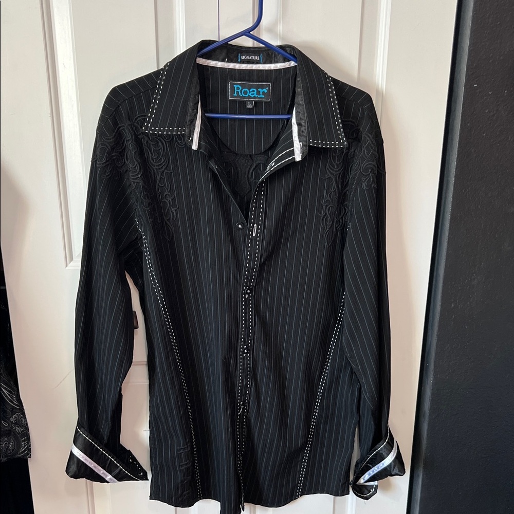 Roar Black Pinstripe Embroidered Dress Shirt